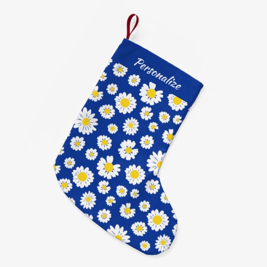 Yellow White Daisy Pattern On Blue Christmas スモールクリスマスストッキング (正面 (吊り時))
