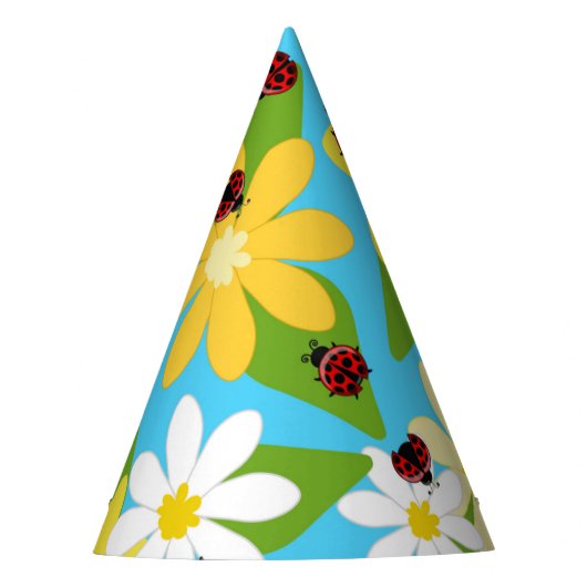 Yellow White Flowers Red Ladybug Beetle パーティーハット (正面)