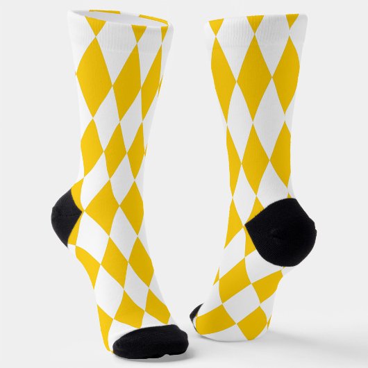 Yellow White Harlequin Diamonds Checkers Design  ソックス