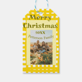 Yellow white plaid retro Christmas holiday family  ギフトタグ