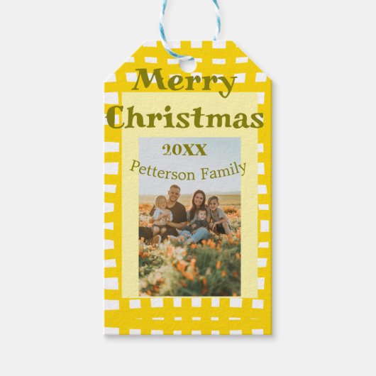 Yellow white plaid retro Christmas holiday family  ギフトタグ (正面)