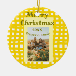 Yellow white plaid retro Christmas holiday family  セラミックオーナメント