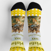 Yellow white plaid retro Christmas holiday family  ソックス (上部)