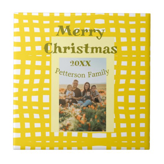 Yellow white plaid retro Christmas holiday family  タイル (正面)