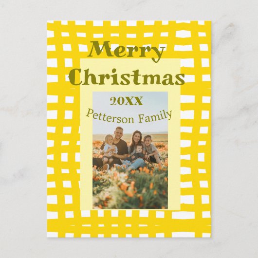 Yellow white plaid retro Christmas holiday family  ポストカード (正面)