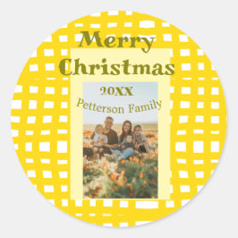 Yellow white plaid retro Christmas holiday family  ラウンドシール