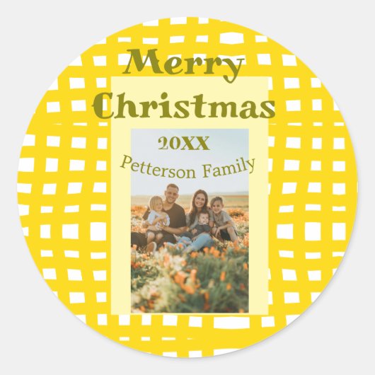 Yellow white plaid retro Christmas holiday family  ラウンドシール (正面)