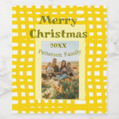 Yellow white plaid retro Christmas holiday family  ワインラベル (シングルラベル)