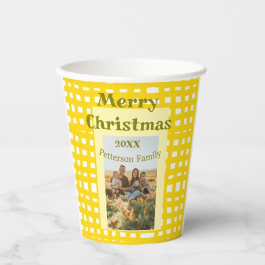 Yellow white plaid retro Christmas holiday family  紙コップ (正面)