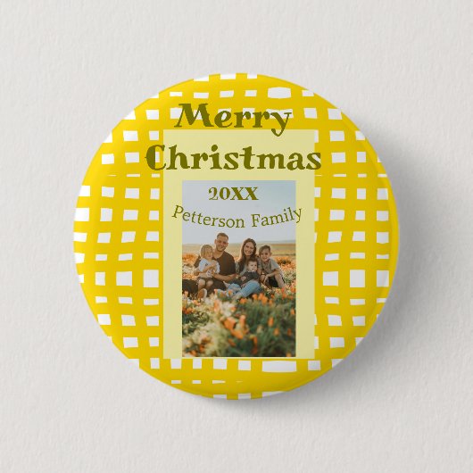 Yellow white plaid retro Christmas holiday family  缶バッジ (正面)