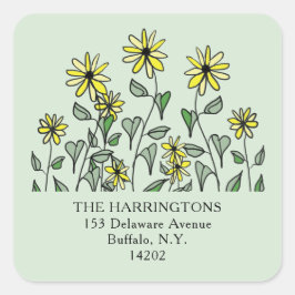 Yellow Wildflower Art Boho Return Address Labels スクエアシール
