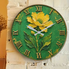 Yellow Wildflower Botanical Floral Green & Gold ラージ壁時計