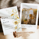 Yellow Wildflower Sunflower Wedding Photo Back セーブザデート<br><div class="desc">A romantic yellow sunflower and wildflower photo save the date card featuring soft watercolor florals and an elegant botanical layout. The delicate golden yellow blooms frame a warm engagement photo beautifully, creating a timeless garden-inspired design. Perfect for sunflower weddings, wildflower themes, countryside venues, and romantic outdoor celebrations. The airy floral...</div>