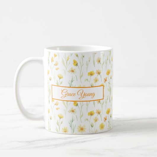 Yellow Wildflower Watercolor Name Banner Design コーヒーマグカップ (左)