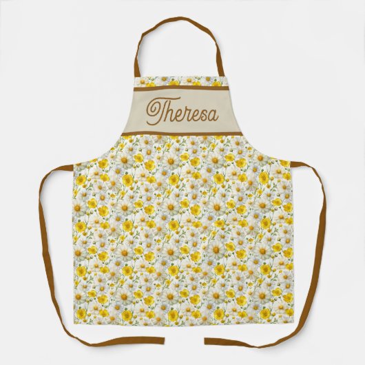 Yellow Wildflowers Pattern Monogram Name エプロン (正面)