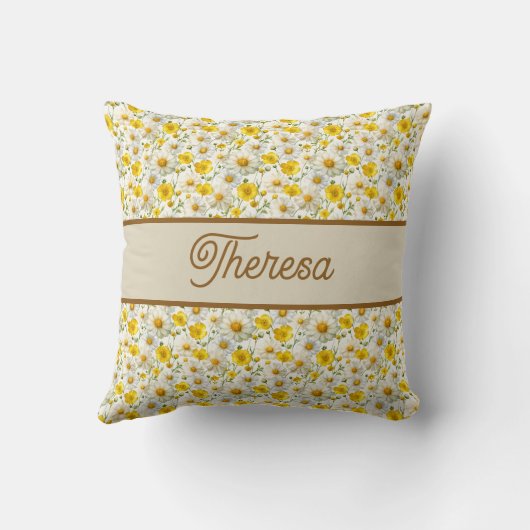 Yellow Wildflowers Pattern Monogram Name クッション (裏面)