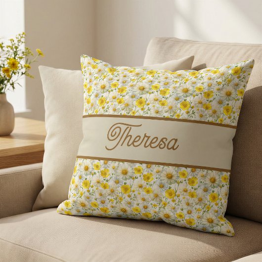Yellow Wildflowers Pattern Monogram Name クッション