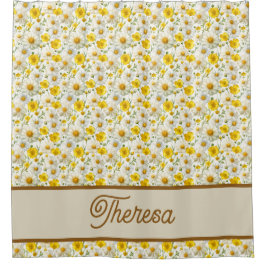 Yellow Wildflowers Pattern Monogram Name シャワーカーテン