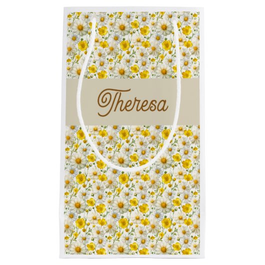 Yellow Wildflowers Pattern Monogram Name スモールペーパーバッグ (正面)