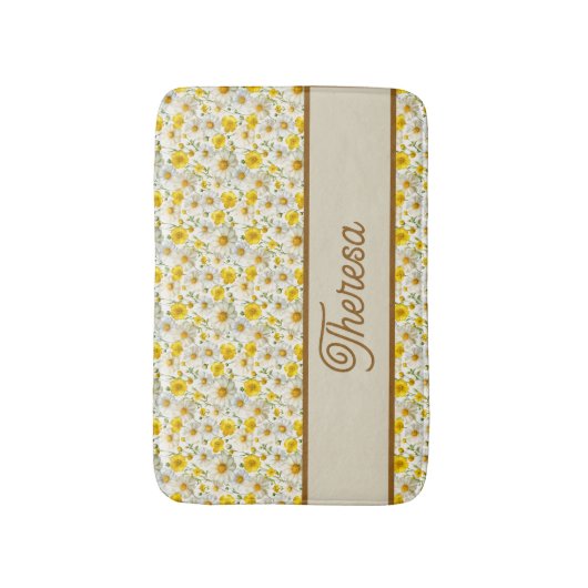 Yellow Wildflowers Pattern Monogram Name バスマット (正面縦)
