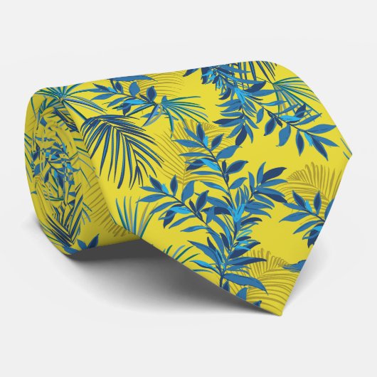 Yellow with vibrant blue & green tropical leaf  ネクタイ (ロール)