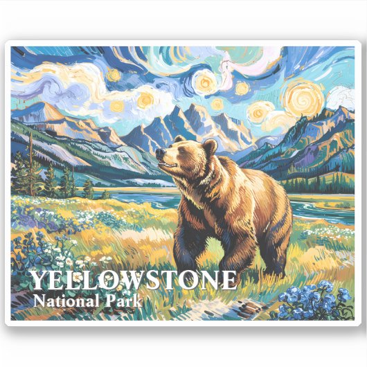 Yellowstone National Park Bear Landscape Van Gogh シール (正面)