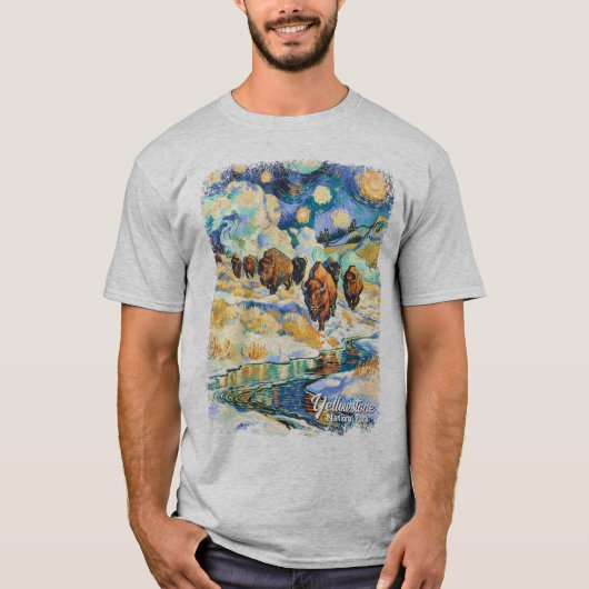 Yellowstone National Park Bison Vintage Van Gogh Tシャツ (正面)