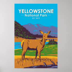 Yellowstone National Park Mule Deer Vintage ポスター