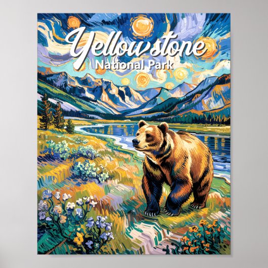 Yellowstone National Park Vintage Bear Van Gogh ポスター (正面)