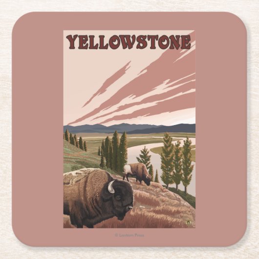 YellowstoneBison場面 スクエアペーパーコースター (正面)