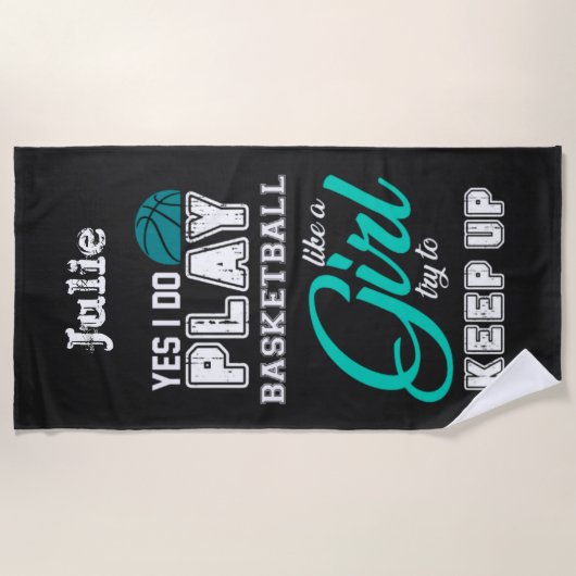 Yesは女遊の子のティール(緑がかった色)のようにバスケットボールをする ビーチタオル (正面)