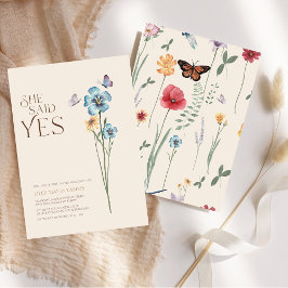 yesシンプル婚約と言った青いワイルドフラワー 招待状