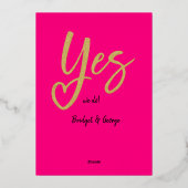 Yes我々ホットピンクの金ゴールド結婚式を行う日付を保存 箔招待状 (裏面)