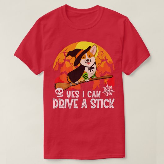 Yes私はスティックCorgi犬の魔女ハロウィーン1を駆動できる Tシャツ (デザイン正面)