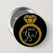 Yes!金ゴールド·きらきら光るリングや輪の新婚希望ボタン 缶バッジ (正面&裏面)