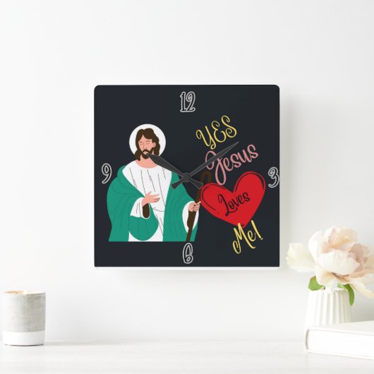 "Yes, Jesus Loves Me!" Black Square Wall Clock スクエア壁時計 (ホーム)