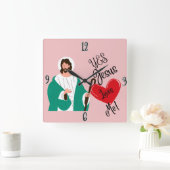 "Yes, Jesus Loves Me" Pink Square Clock スクエア壁時計 (ホーム)