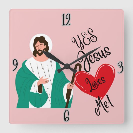 "Yes, Jesus Loves Me" Pink Square Clock スクエア壁時計 (正面)