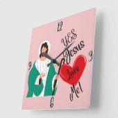 "Yes, Jesus Loves Me" Pink Square Clock スクエア壁時計 (傾斜)