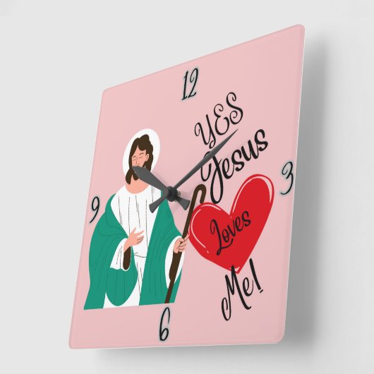 "Yes, Jesus Loves Me" Pink Square Clock スクエア壁時計 (傾斜)
