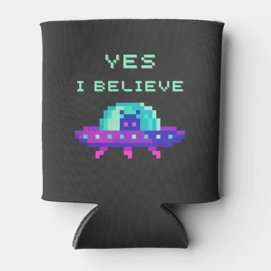 YesI信じエイリアンUFO宇宙船飛んでいるピクセルアート 缶クーラー (正面)