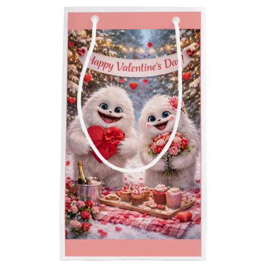 Yeti Sasquatch Couple Valentine's Day Gift Bag スモールペーパーバッグ (正面)