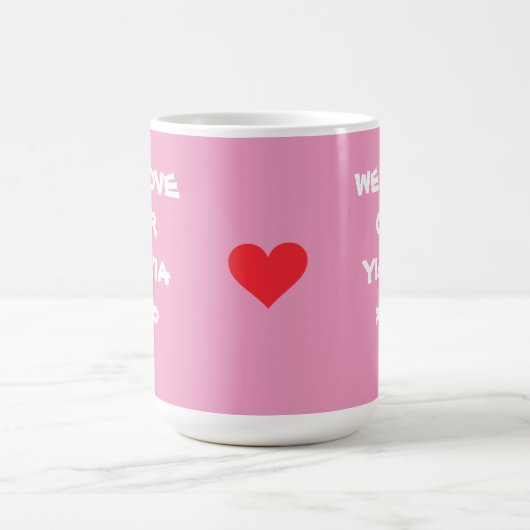 「YIA YIAギフトが大好き」ソフトピンクとホワイト コーヒーマグカップ (中央)