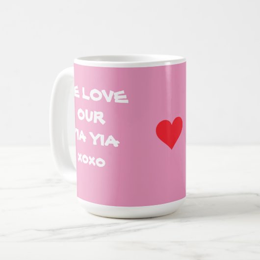 「YIA YIAギフトが大好き」ソフトピンクとホワイト コーヒーマグカップ (正面左)