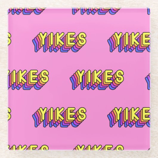 Yikes Words:ピンクのヴィンテージ壁紙。 ガラスコースター (正面)