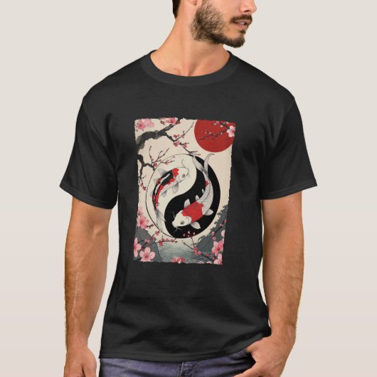 Yin And Yang Japanese Koi Carp Fish Cherry Blossom Tシャツ (正面)