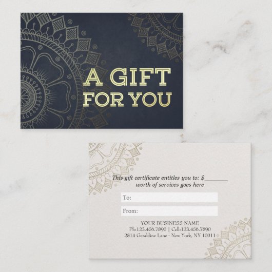 YOGAインストラクターギフト証明書ブルー金ゴールド曼荼羅 割引カード (正面/裏面)