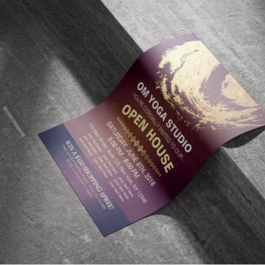 YOGAスタジオオープンハウスパープルゴールドフォイルZENシンボル チラシ