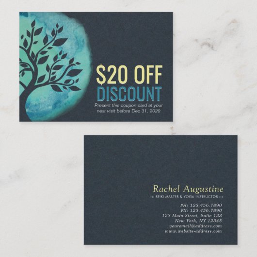 YOGA割引クーポンロイヤリティ水色ティール(緑がかった色)ツリー 割引カード (正面/裏面)