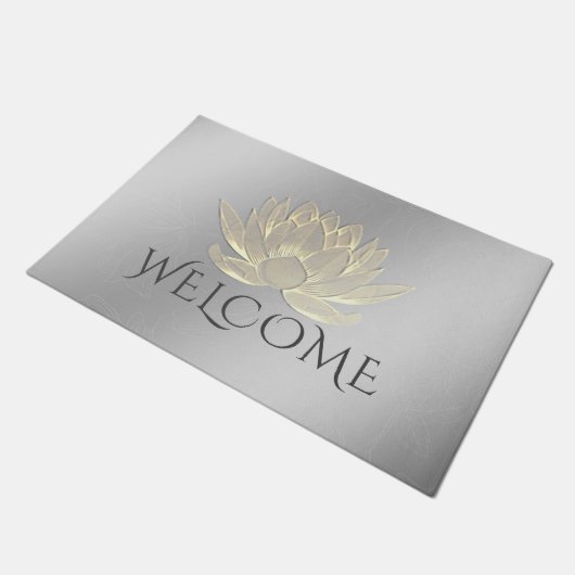 YOGA瞑想インストラクターウェルカムシック金ゴールドロータス ドアマット (アングル)